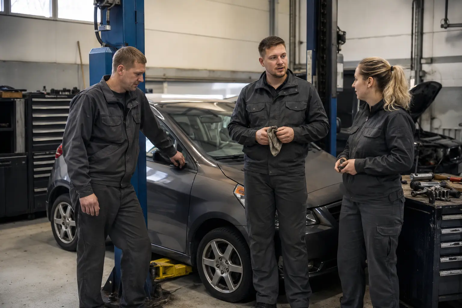 KÄIK autoteeninduse kolm tehnikut töökojas