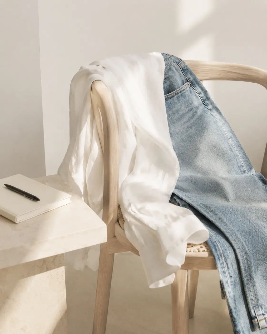 Hele denim ja valge linane särk stuudiotoolil