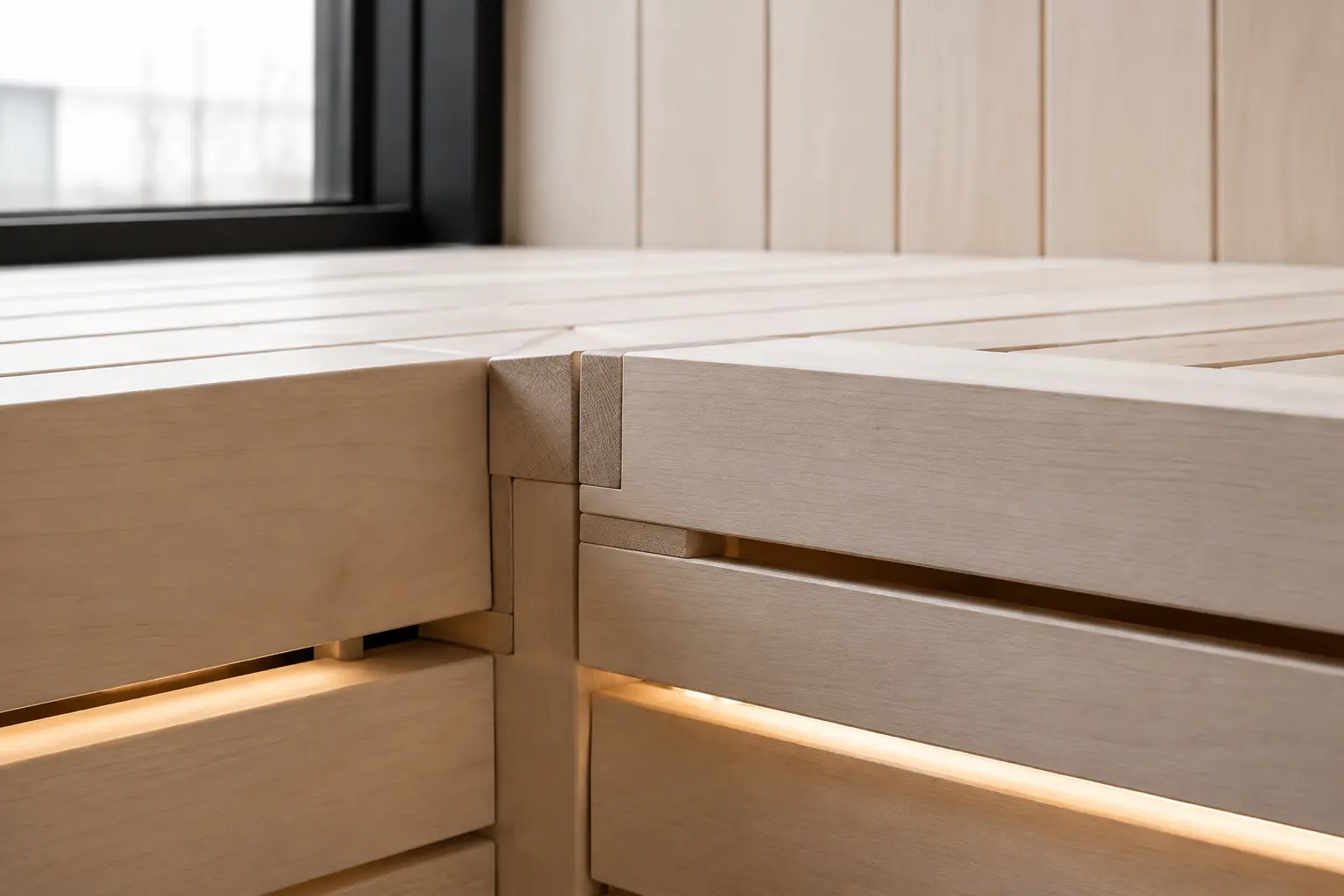 KUMA sauna heleda puidu ühendused ja peidetud valgustus