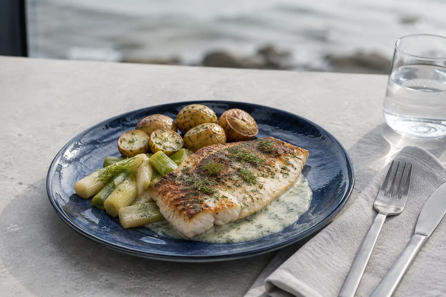 Ahvenafilee, värsked kartulid ja roheline salat