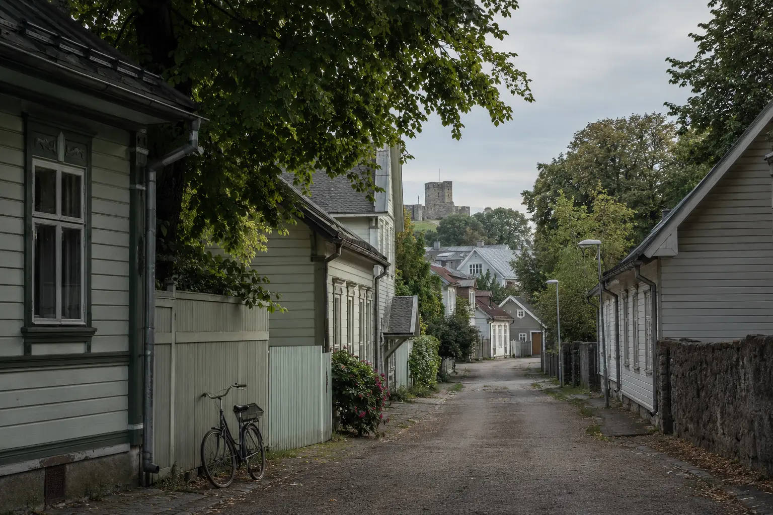 Puudega ääristatud vaikne tänav Eesti linnas