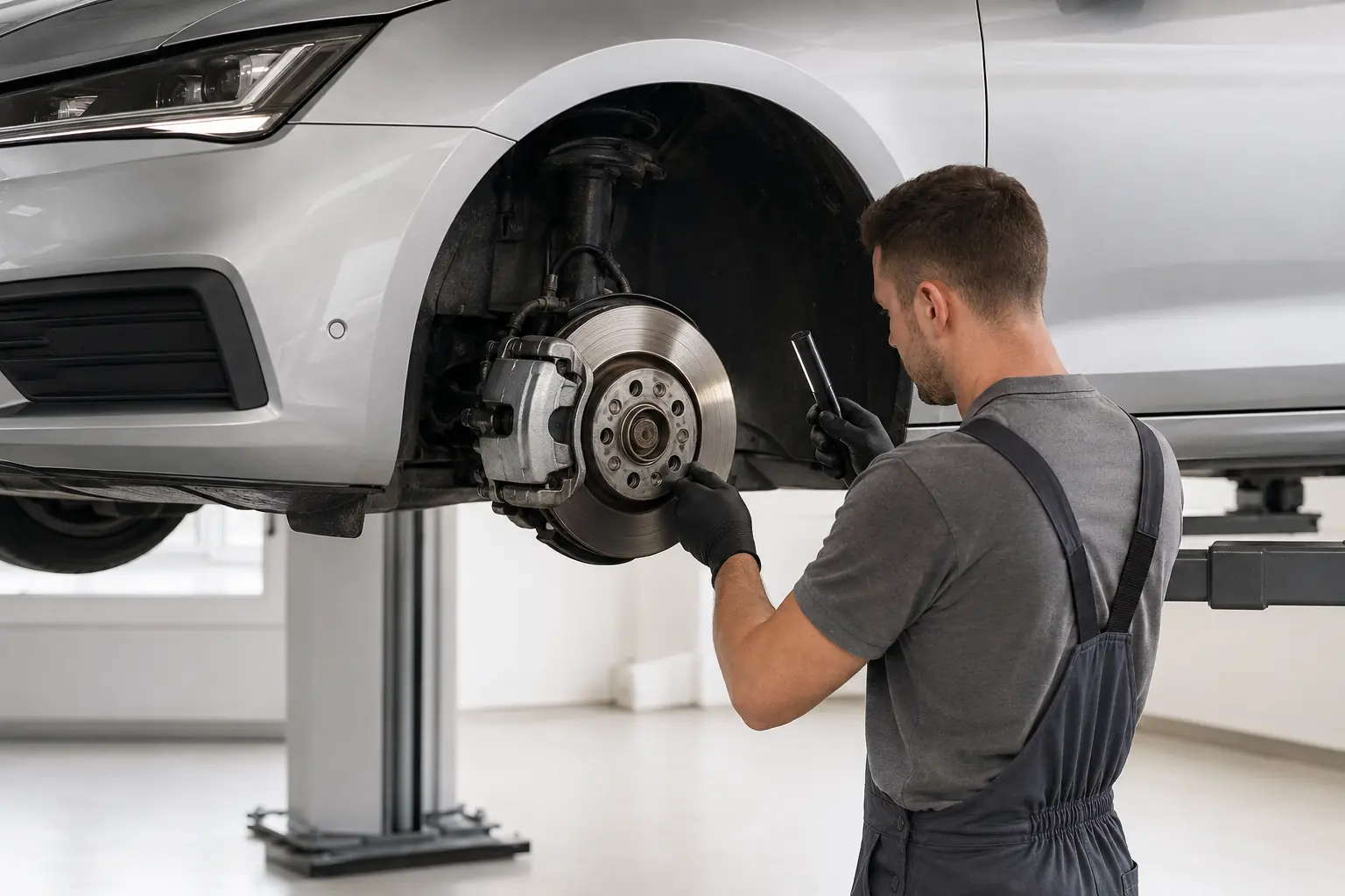 Sõiduauto pidurite kontroll heledas töökojas