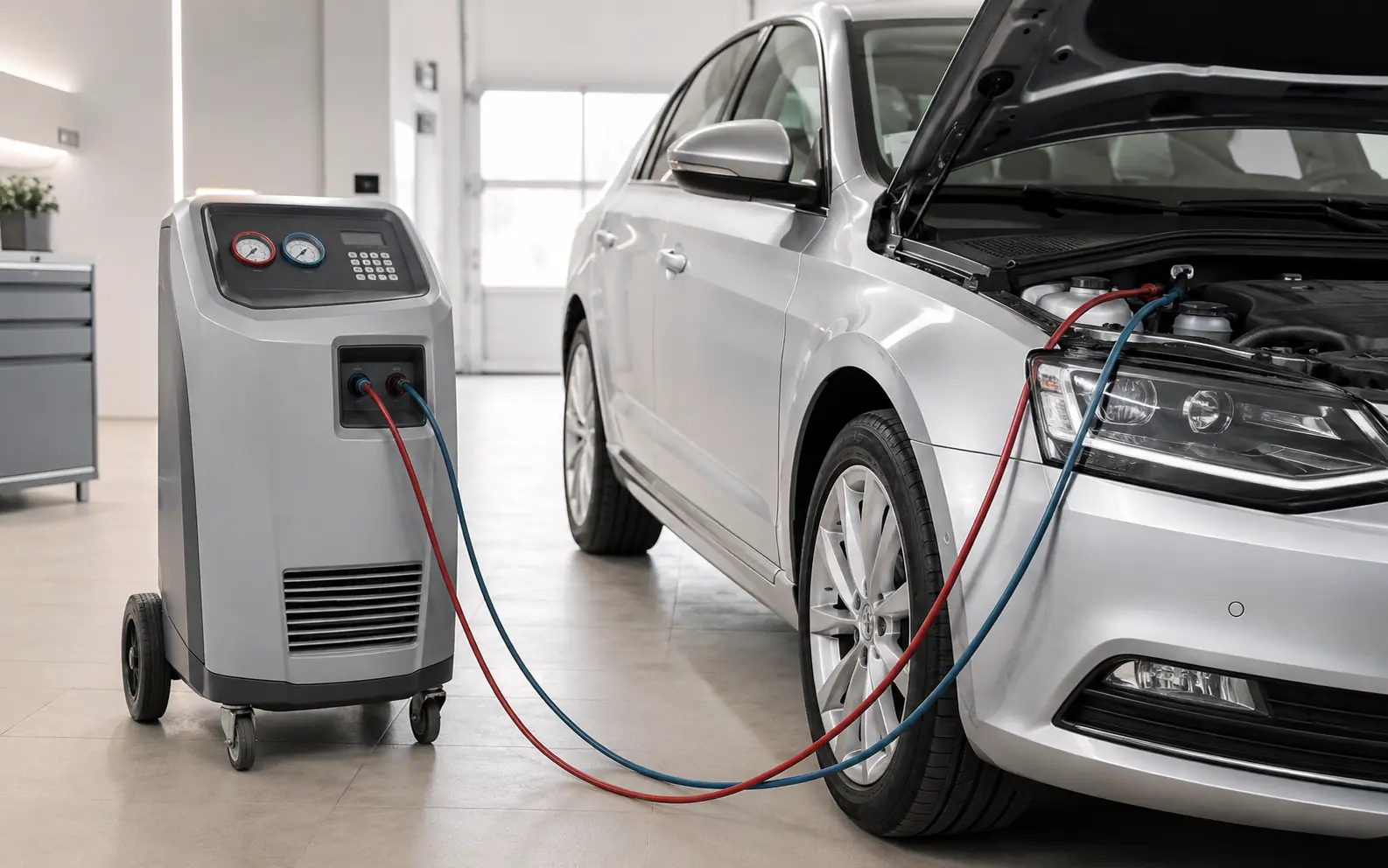 Sõiduauto kliimaseadme hooldus heledas töökojas